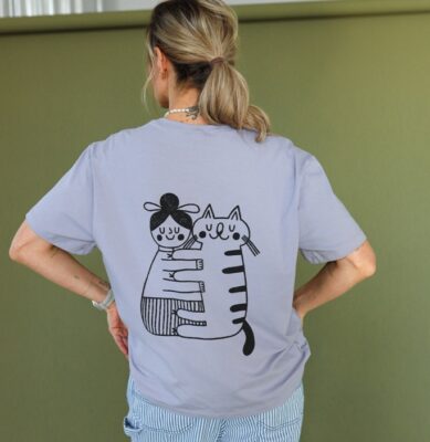 Boxy T-shirt - CAT LOVER na jasnym szarym